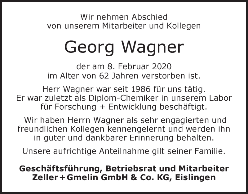  Traueranzeige für Georg Wagner vom 15.02.2020 aus NWZ Neue Württembergische Zeitung