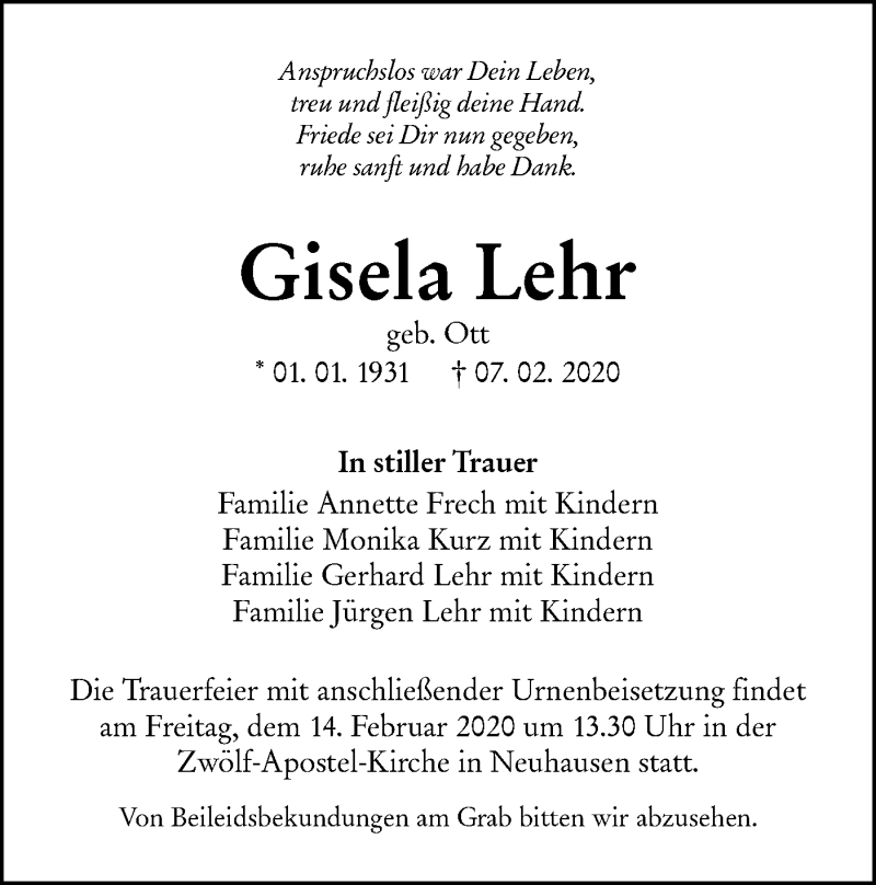  Traueranzeige für Gisela Lehr vom 11.02.2020 aus Metzinger-Uracher Volksblatt