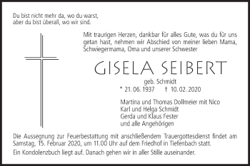 Traueranzeige von Gisela Seibert von Hohenloher Tagblatt