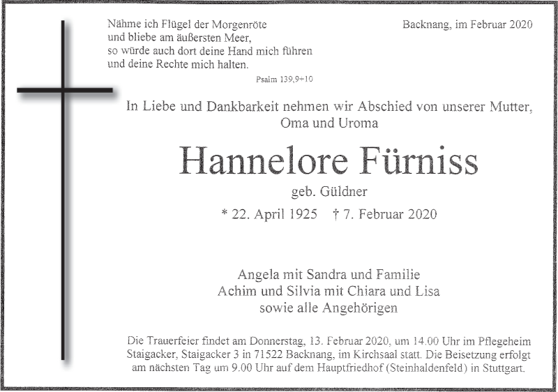  Traueranzeige für Hannelore Fürniss vom 11.02.2020 aus Haller Tagblatt