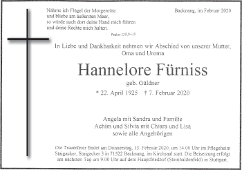 Traueranzeige von Hannelore Fürniss von Haller Tagblatt