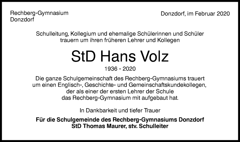  Traueranzeige für Hans Volz vom 05.02.2020 aus NWZ Neue Württembergische Zeitung
