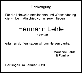 Traueranzeige von Hermann Lehle von SÜDWEST PRESSE Ausgabe Ulm/Neu-Ulm