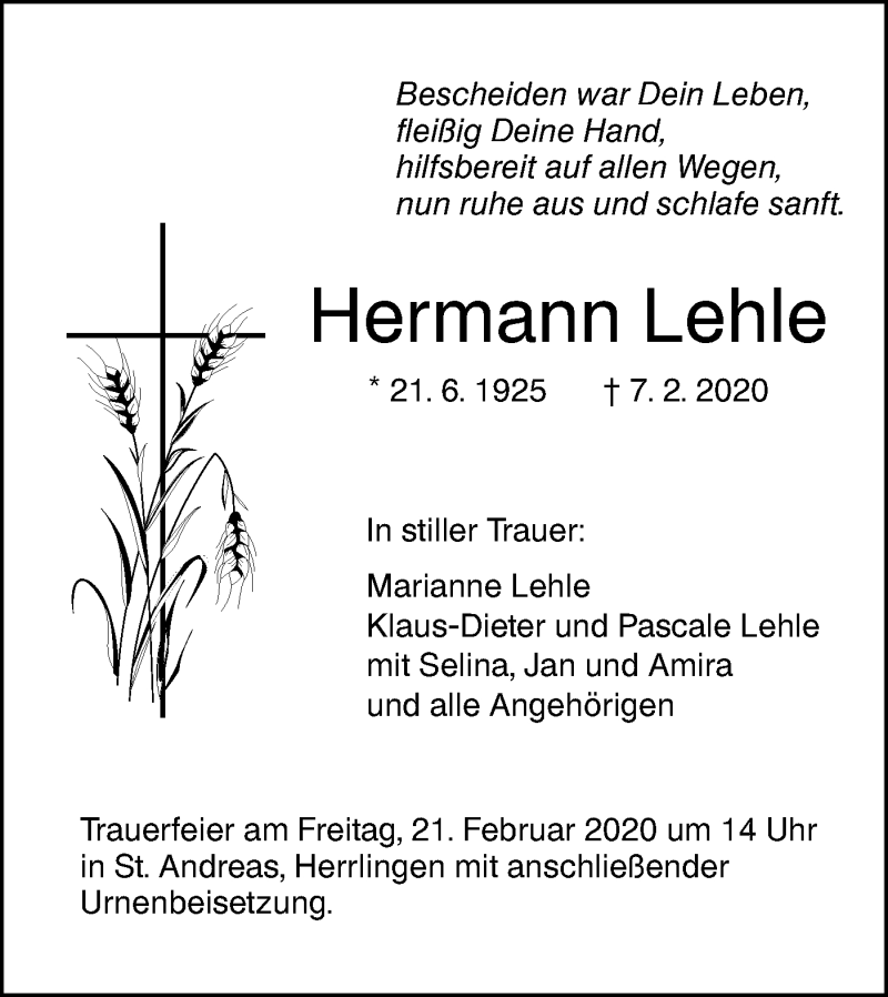  Traueranzeige für Hermann Lehle vom 15.02.2020 aus SÜDWEST PRESSE Ausgabe Ulm/Neu-Ulm