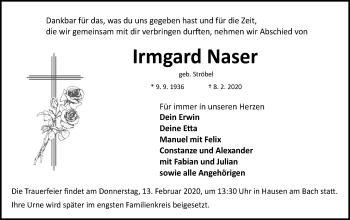 Traueranzeige von Irmgard Naser von Hohenloher Tagblatt