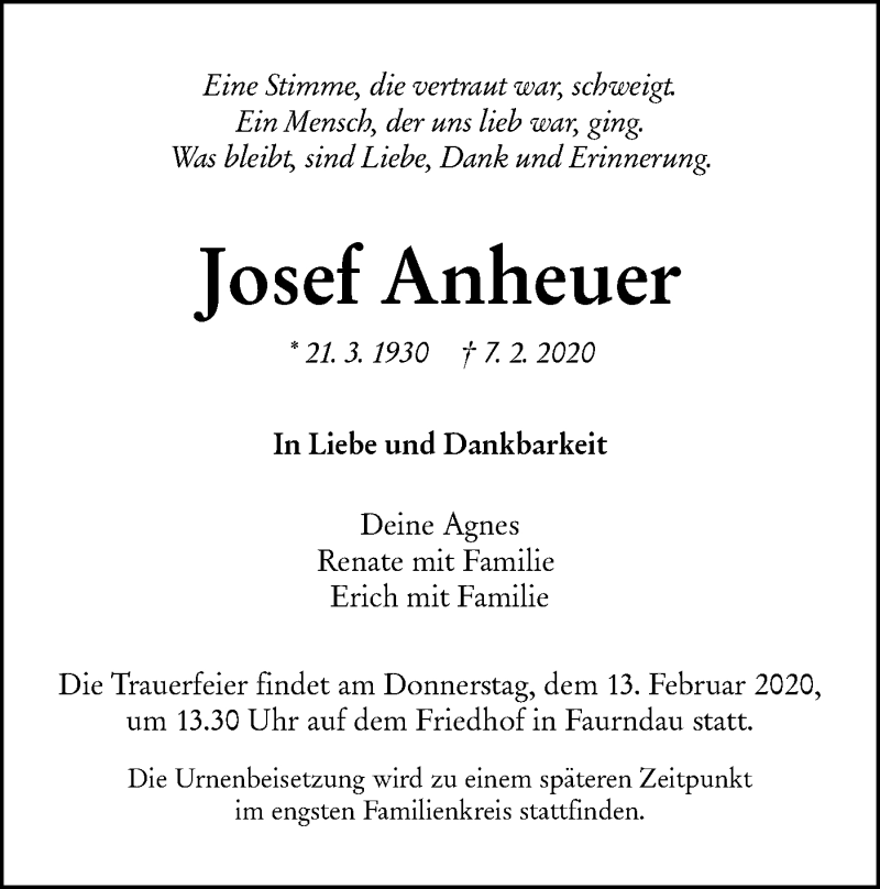  Traueranzeige für Josef Anheuer vom 11.02.2020 aus NWZ Neue Württembergische Zeitung