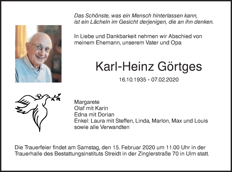  Traueranzeige für Karl-Heinz Görtges vom 12.02.2020 aus SÜDWEST PRESSE Ausgabe Ulm/Neu-Ulm