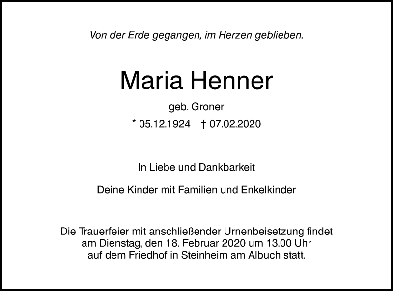  Traueranzeige für Maria Henner vom 15.02.2020 aus SÜDWEST PRESSE Ausgabe Ulm/Neu-Ulm