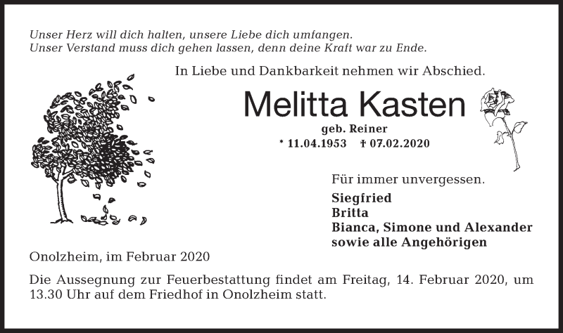  Traueranzeige für Melitta Kasten vom 11.02.2020 aus Hohenloher Tagblatt
