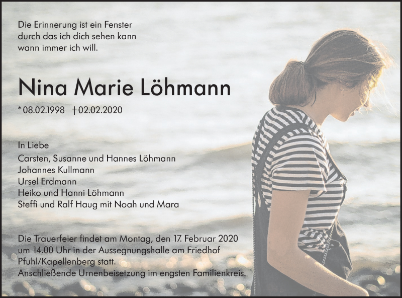  Traueranzeige für Nina Marie Löhmann vom 08.02.2020 aus SÜDWEST PRESSE Ausgabe Ulm/Neu-Ulm