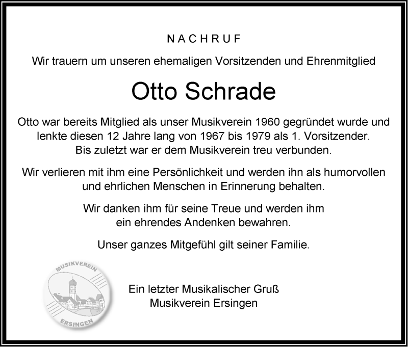  Traueranzeige für Otto Schrade vom 04.02.2020 aus Ehinger Tagblatt
