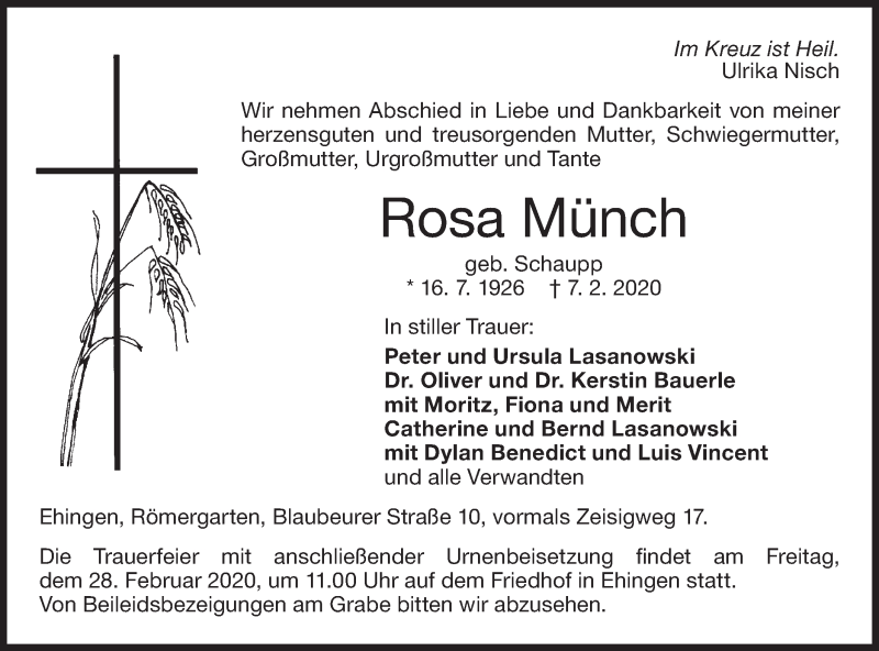  Traueranzeige für Rosa Münch vom 24.02.2020 aus Ehinger Tagblatt