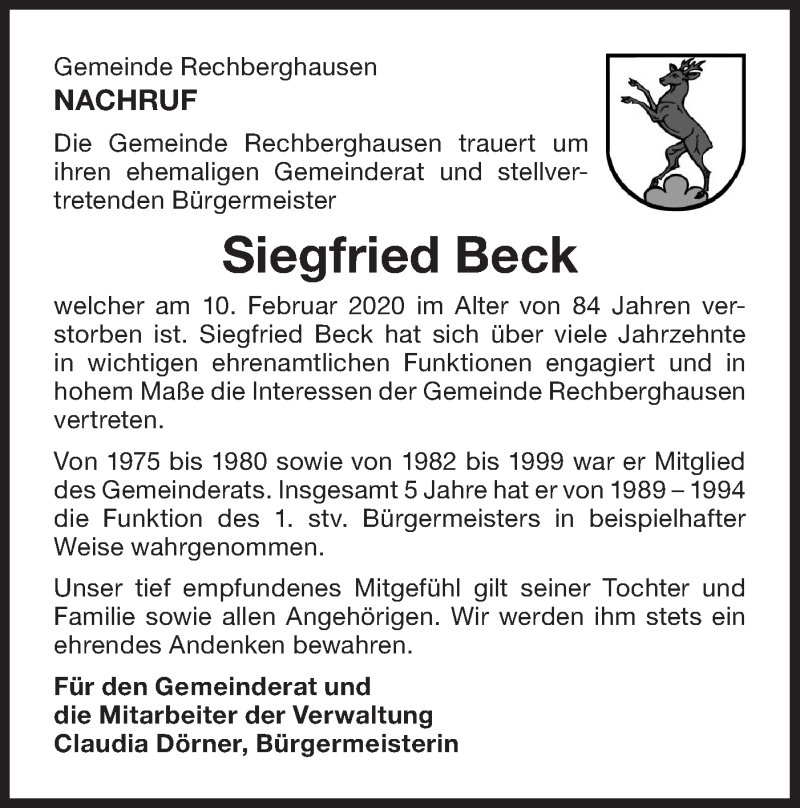  Traueranzeige für Siegfried Beck vom 15.02.2020 aus NWZ Neue Württembergische Zeitung