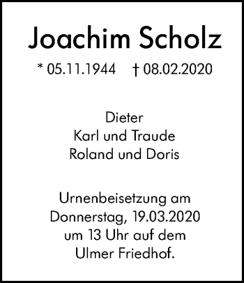 Traueranzeige von Joachim Scholz von SÜDWEST PRESSE Ausgabe Ulm/Neu-Ulm