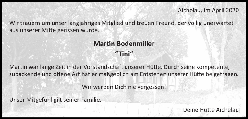  Traueranzeige für Martin Bodenmiller vom 14.04.2020 aus Alb-Bote/Metzinger-Uracher Volksblatt