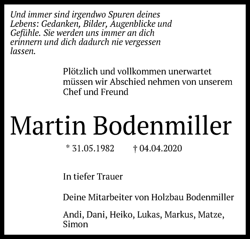  Traueranzeige für Martin Bodenmiller vom 14.04.2020 aus Alb-Bote/Metzinger-Uracher Volksblatt