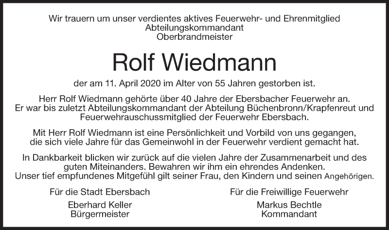  Traueranzeige für Rolf Wiedmann vom 16.04.2020 aus NWZ Neue Württembergische Zeitung