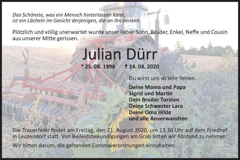  Traueranzeige für Julian Dürr vom 20.08.2020 aus Hohenloher Tagblatt