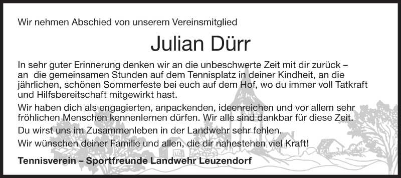  Traueranzeige für Julian Dürr vom 21.08.2020 aus Hohenloher Tagblatt