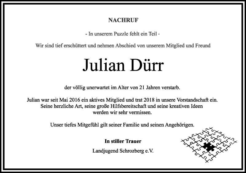 Traueranzeige für Julian Dürr vom 22.08.2020 aus Hohenloher Tagblatt