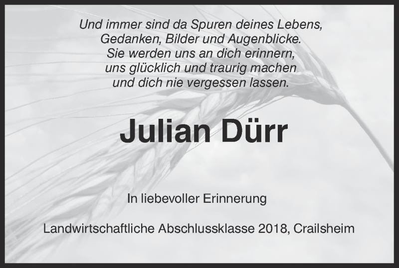  Traueranzeige für Julian Dürr vom 21.08.2020 aus Hohenloher Tagblatt