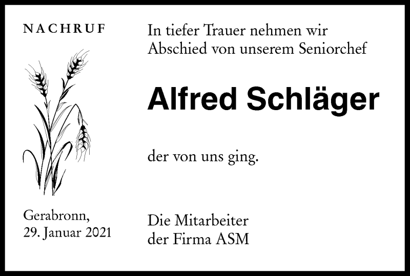 Traueranzeige für Alfred Schläger vom 29.01.2021 aus Hohenloher Tagblatt