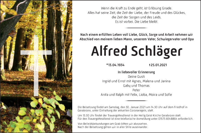  Traueranzeige für Alfred Schläger vom 28.01.2021 aus Hohenloher Tagblatt