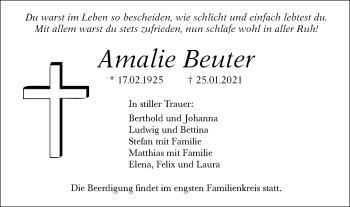 Traueranzeige von Amalie Beuter von Metzinger-Uracher Volksblatt