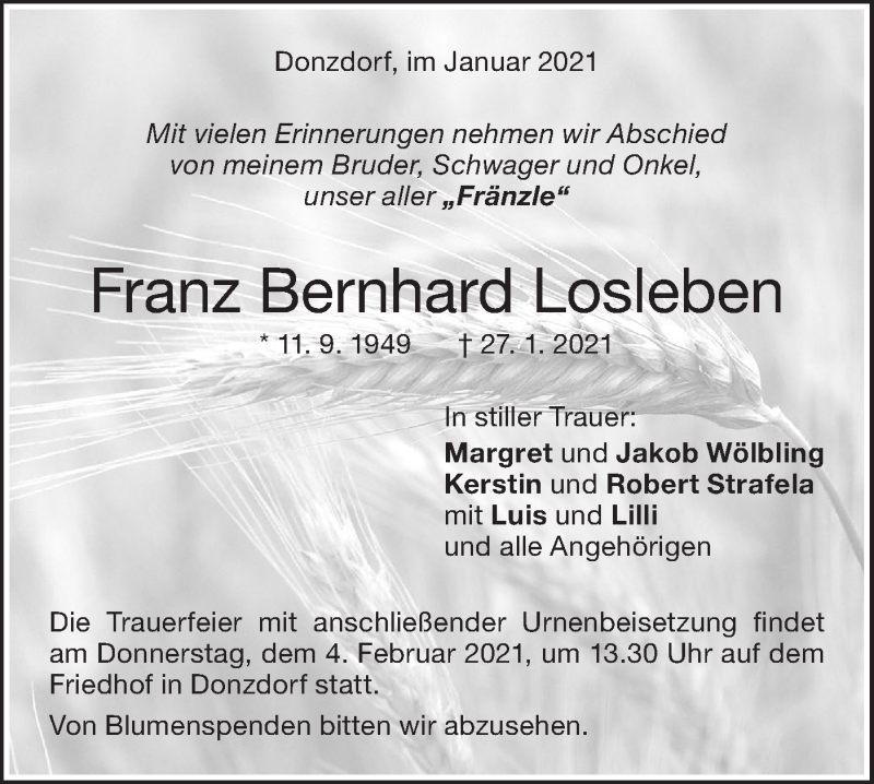 Traueranzeige für Franz Bernhard Losleben vom 30.01.2021 aus NWZ Neue Württembergische Zeitung