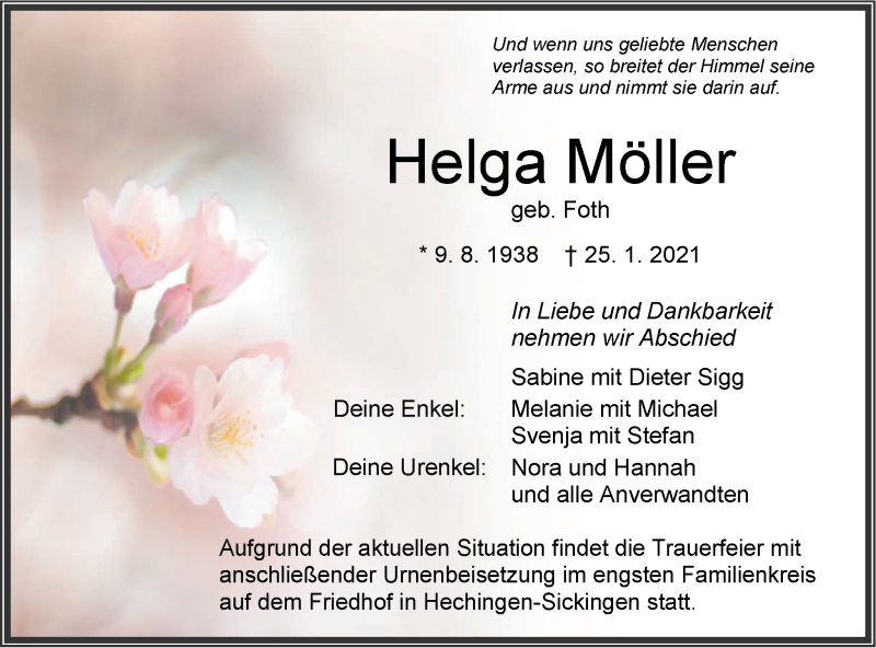  Traueranzeige für Helga Möller vom 28.01.2021 aus Metzinger-Uracher Volksblatt