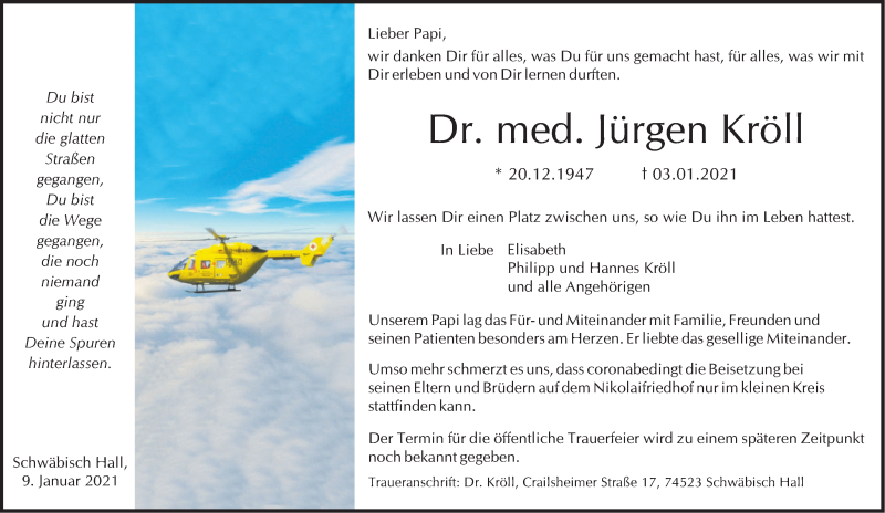  Traueranzeige für Jürgen Kröll vom 09.01.2021 aus Haller Tagblatt