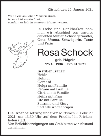 Traueranzeige von Rosa Schock von Rundschau Gaildorf