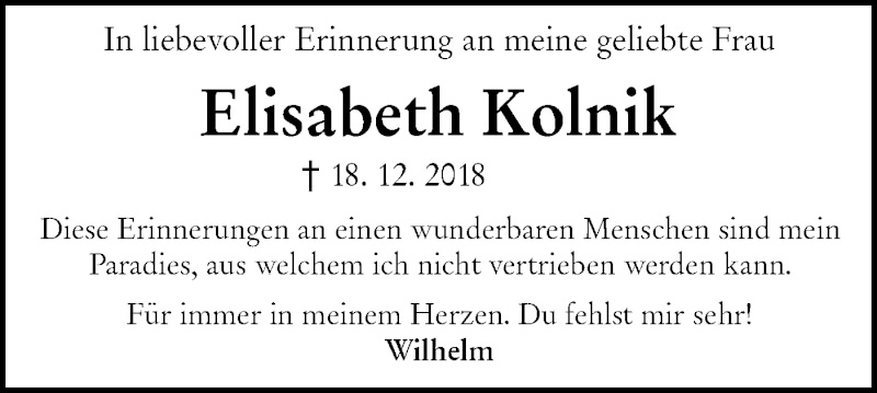  Traueranzeige für Elisabeth Kolnik vom 18.12.2021 aus NWZ Neue Württembergische Zeitung