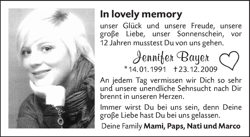  Traueranzeige für Jennifer Bayer vom 23.12.2021 aus Alb-Bote/Metzinger-Uracher Volksblatt
