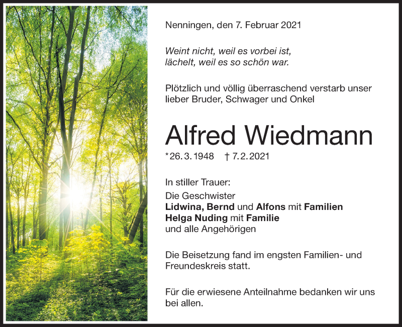  Traueranzeige für Alfred Wiedmann vom 19.02.2021 aus NWZ Neue Württembergische Zeitung