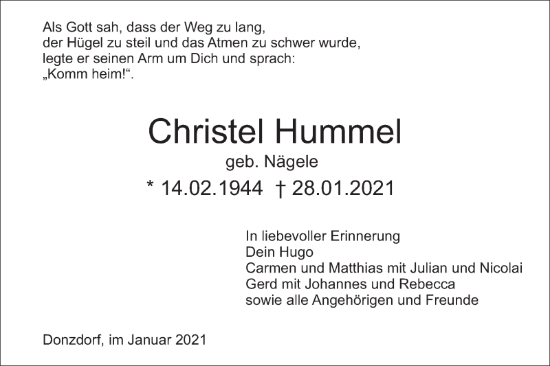 Traueranzeige für Christel Hummel vom 03.02.2021 aus NWZ Neue Württembergische Zeitung