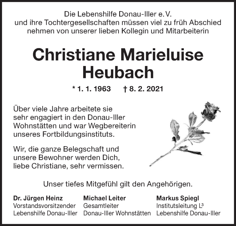  Traueranzeige für Christiane Marieluise Heubach vom 13.02.2021 aus SÜDWEST PRESSE Ausgabe Ulm/Neu-Ulm