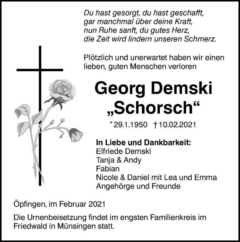  Traueranzeige für Georg Demski vom 17.02.2021 aus Ehinger Tagblatt
