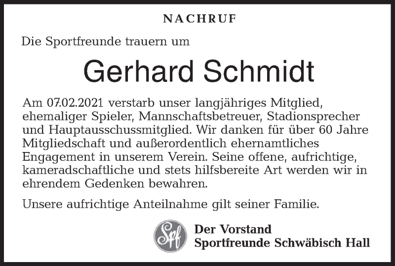  Traueranzeige für Gerhard Schmidt vom 13.02.2021 aus Haller Tagblatt