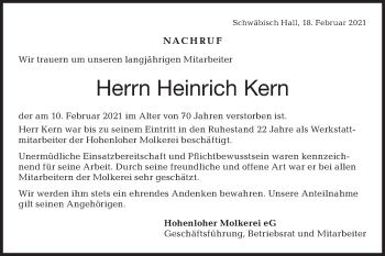 Traueranzeige von Heinrich Kern von Haller Tagblatt