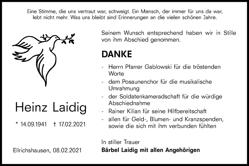  Traueranzeige für Heinz Laidig vom 11.02.2021 aus Hohenloher Tagblatt