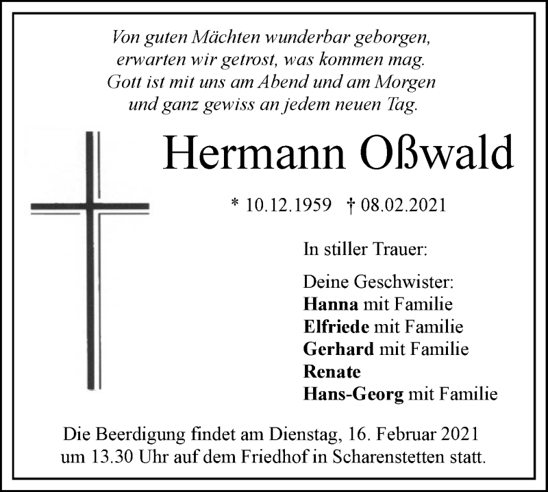  Traueranzeige für Hermann Oßwald vom 13.02.2021 aus SÜDWEST PRESSE Ausgabe Ulm/Neu-Ulm