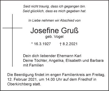 Traueranzeige von Josefine Gruß von SÜDWEST PRESSE Ausgabe Ulm/Neu-Ulm