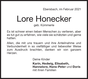 Traueranzeige von Lore Honecker von NWZ Neue Württembergische Zeitung