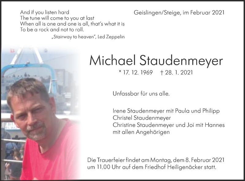  Traueranzeige für Michael Staudenmeyer vom 03.02.2021 aus Geislinger Zeitung