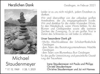 Traueranzeige von Michael Staudenmeyer von Geislinger Zeitung