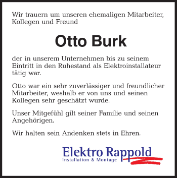 Traueranzeige von Otto Burk von Hohenloher Tagblatt
