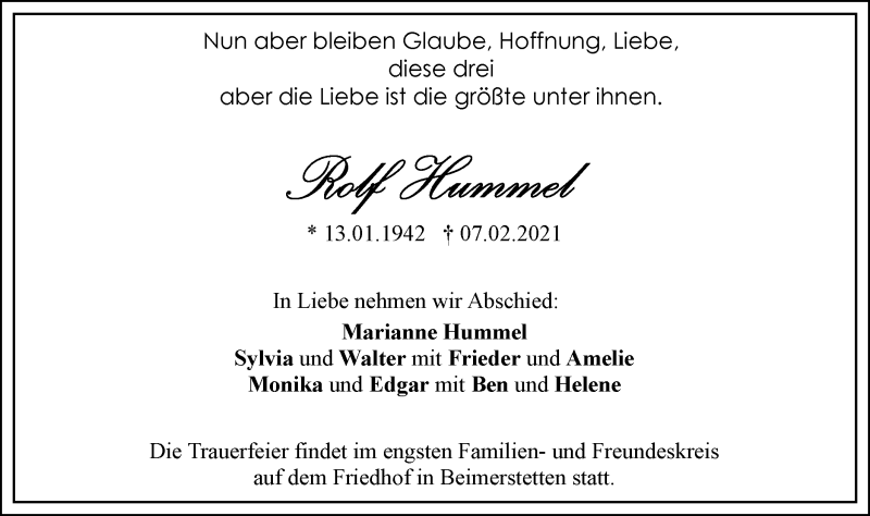  Traueranzeige für Rolf Hummel vom 11.02.2021 aus SÜDWEST PRESSE Ausgabe Ulm/Neu-Ulm