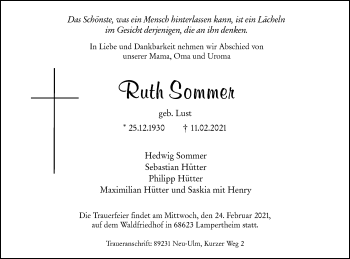 Traueranzeige von Ruth Sommer von SÜDWEST PRESSE Ausgabe Ulm/Neu-Ulm