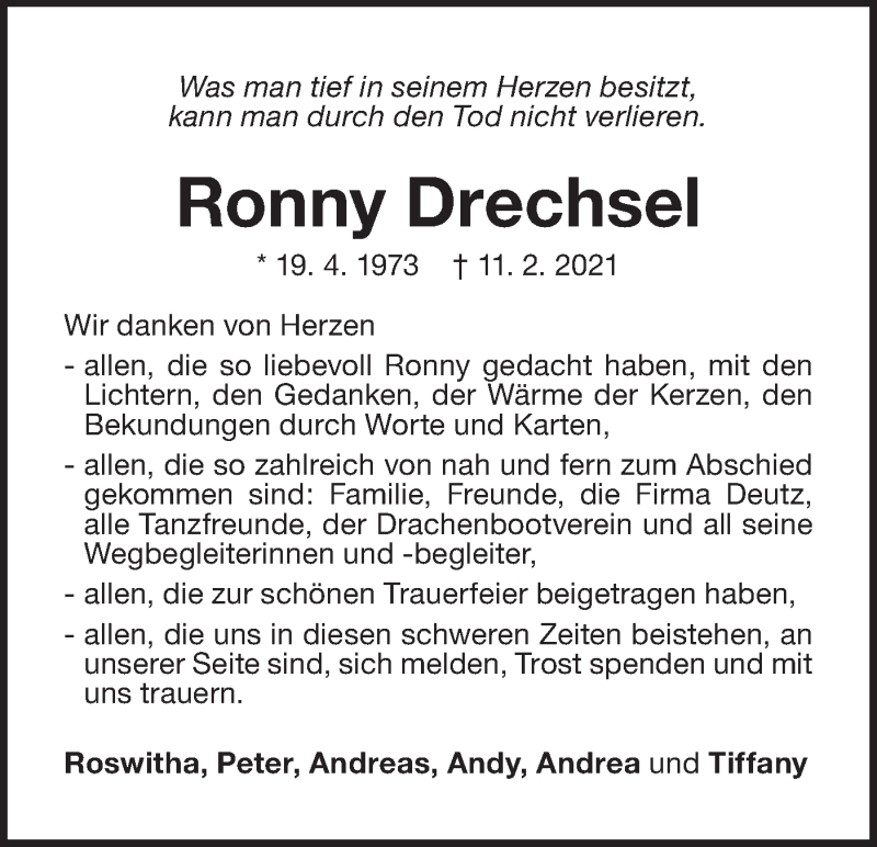  Traueranzeige für Ronny Drechsel vom 23.03.2021 aus SÜDWEST PRESSE Ausgabe Ulm/Neu-Ulm